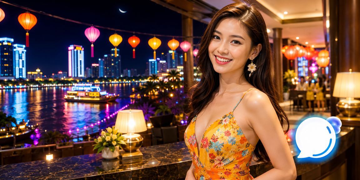 Khung cảnh sông Mekong về đêm với ánh đèn neon phản chiếu trên mặt nước và điện thoại hiển thị trang cá cược